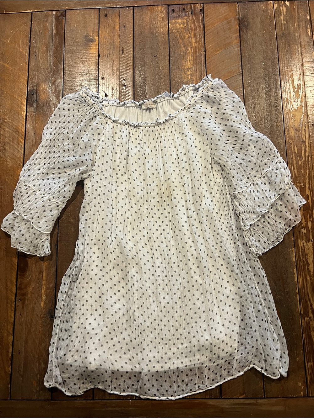 Polka Dot Ruffle-Sleeve White Tunic Top